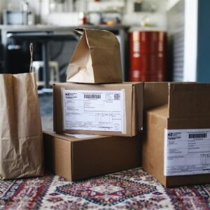 A collection of cardboard boxes and paper bags on a patterned rug in a home setting.